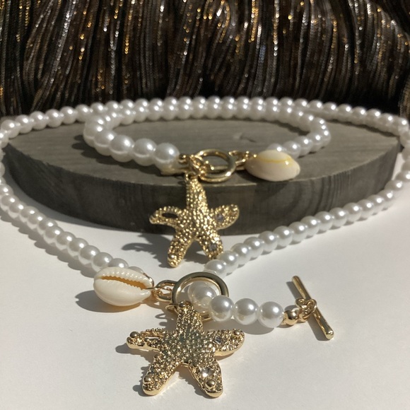 🪸Naitical Starfish & Puka  Shell Beaded Pearl toggle collar necklace & Bracelet - Picture 10 of 16